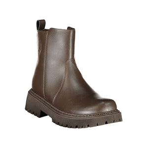U.S. POLO ASSN. brown polyethylene ankle boot with a chunky lug sole and rear pull tab.