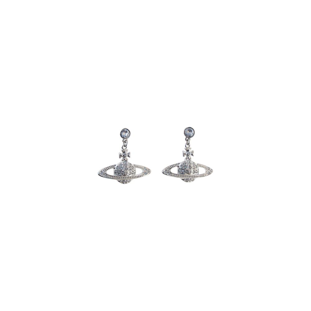 Vivienne Westwood silver brass earrings featuring crystal-embellished orb pendants with Saturn rings.