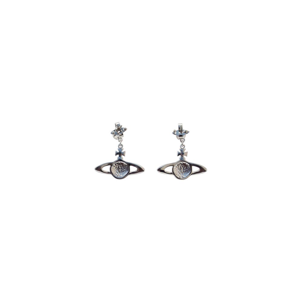 Vivienne Westwood silver brass earrings featuring orb and cross drop pendants.