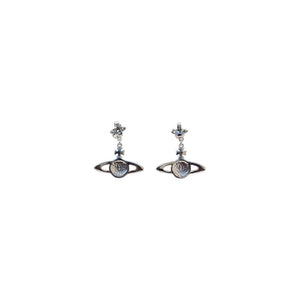 Vivienne Westwood silver brass earrings featuring orb and cross drop pendants.