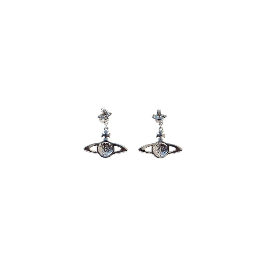 Vivienne Westwood silver brass earrings featuring crystal-embellished orb pendants with Saturn rings.