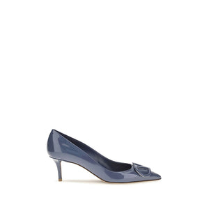 Valentino Garavani blue patent leather high heel pump with pointed toe and VLogo accent.