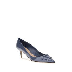 Blue patent leather pointed-toe pump with a stiletto heel and a tonal logo detail.