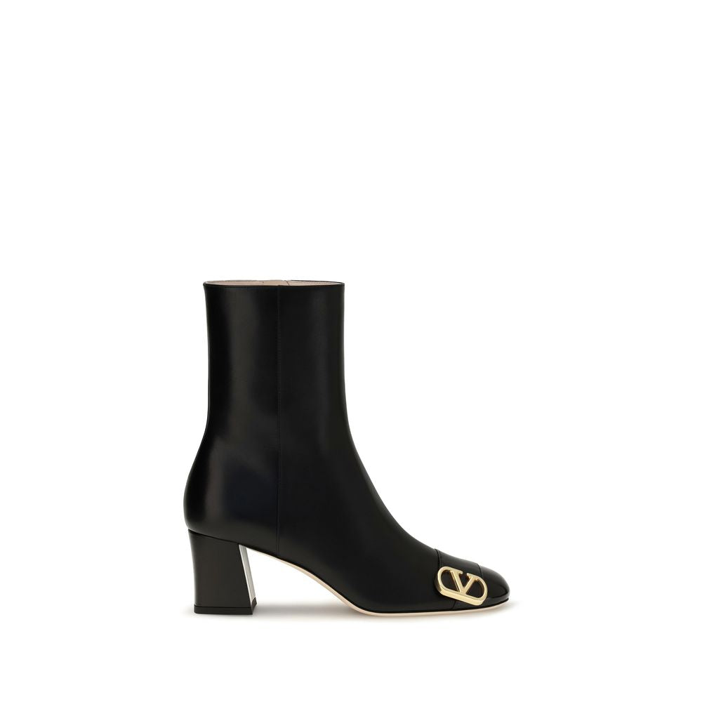 Black leather ankle boot with a rounded toe, block heel, and gold-tone V logo detail.