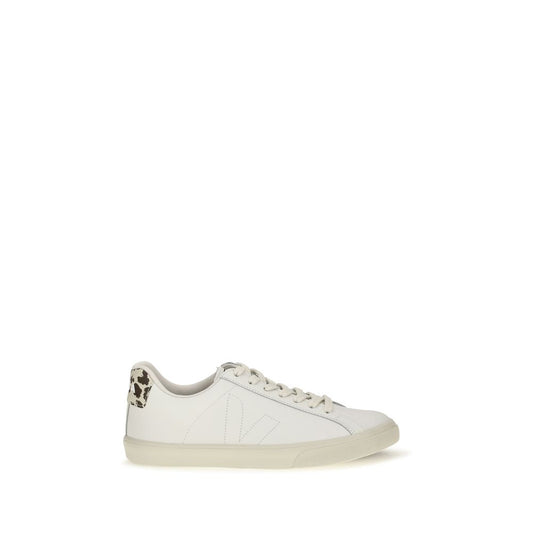 Veja white leather low top sneaker with cow-print calf hair heel tab and flat laces.