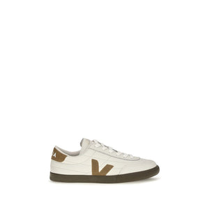 Veja white calf leather low-top sneaker with brown suede side V logo, heel tab, and dark rubber sole.