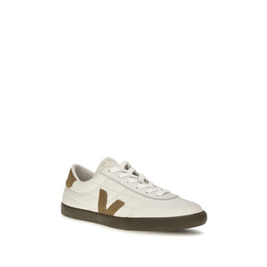 Veja white leather low-top sneaker with brown V logo and dark sole.