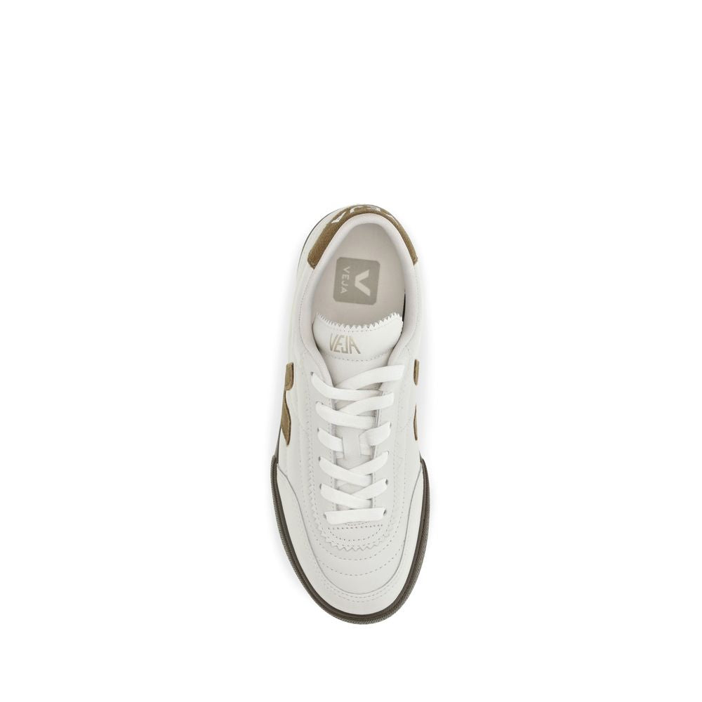 Top-down view of Veja white leather low-top sneaker with brown suede heel tab and laces.