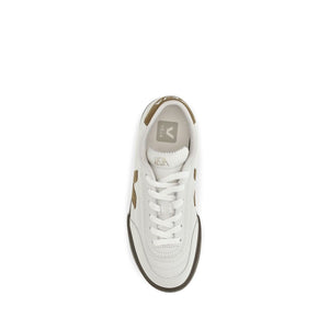 Top-down view of Veja white leather low-top sneaker with brown suede heel tab and laces.