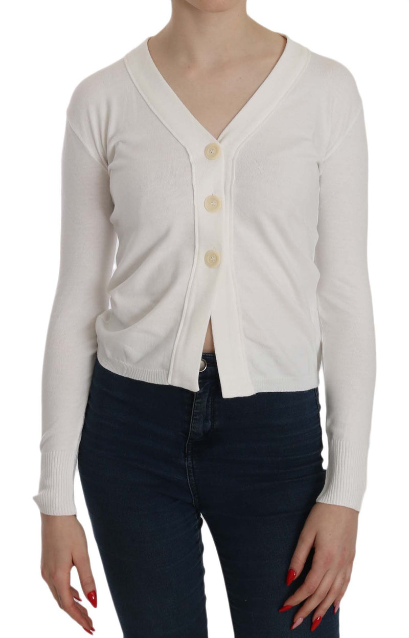 White V-neck long sleeve knit cropped cardigan sweater with buttons