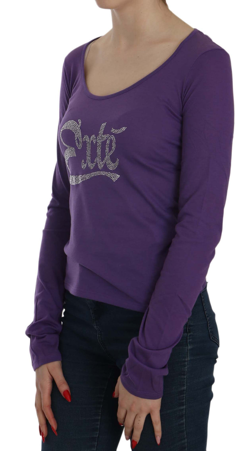 Purple long sleeve cotton top with scoop neck and crystal rhinestone logo on the front