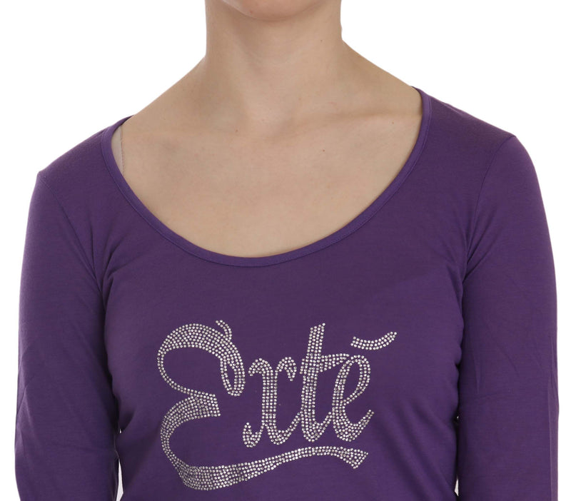 Purple long sleeve casual top with a scoop neck and silver crystal logo embellishment