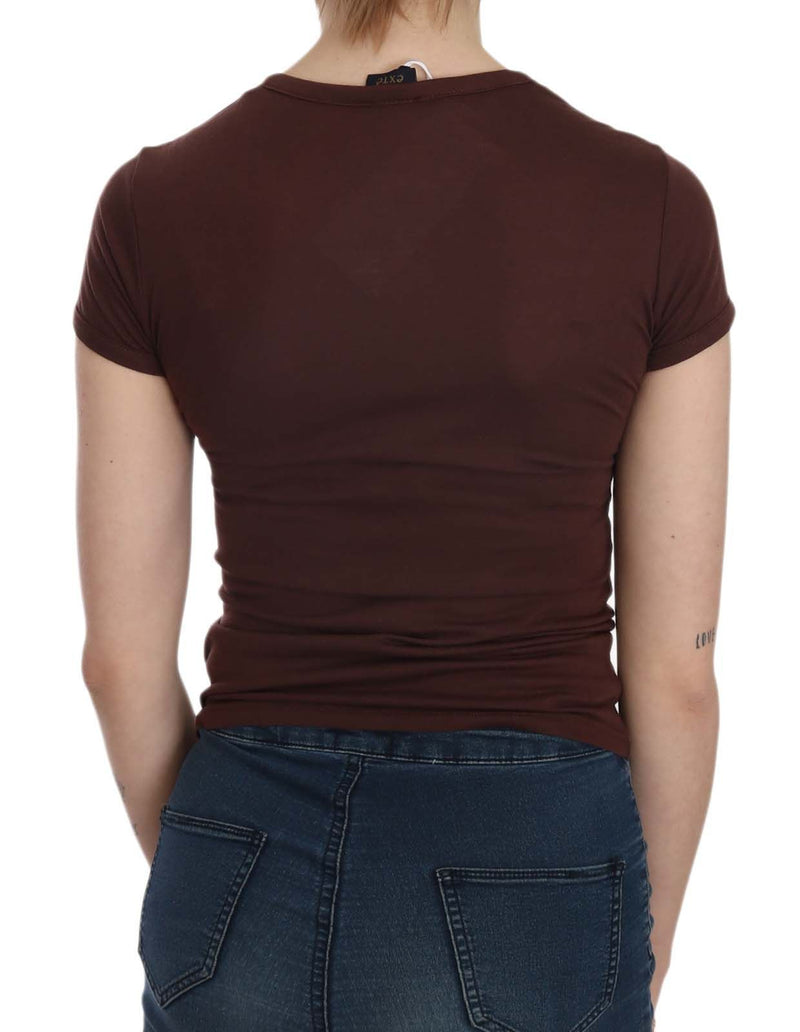 Brown short sleeve crew neck casual t-shirt top worn from the back