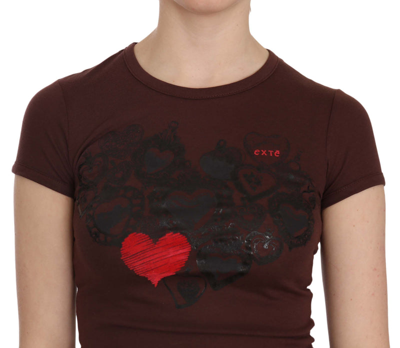 Brown cotton short sleeve t-shirt with black heart graphics and one red heart
