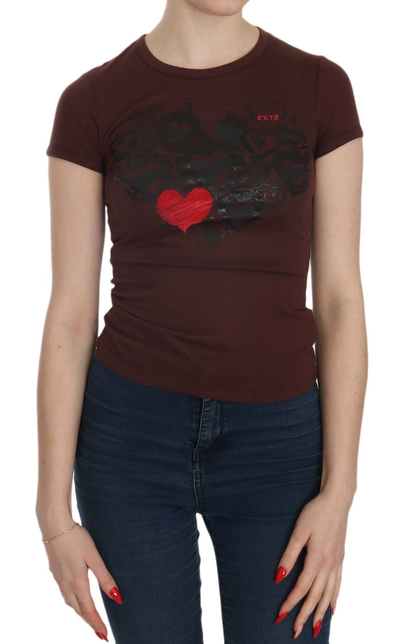 Brown short sleeve cotton t-shirt featuring black and red heart graphics on the chest