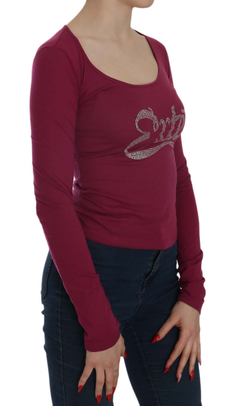 Magenta long-sleeve cotton top with scoop neck and crystal rhinestone script logo on chest