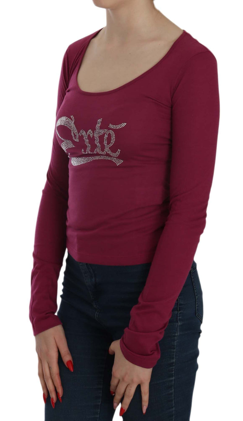 Burgundy long-sleeve cotton top with a scoop neck and crystal logo embellishment