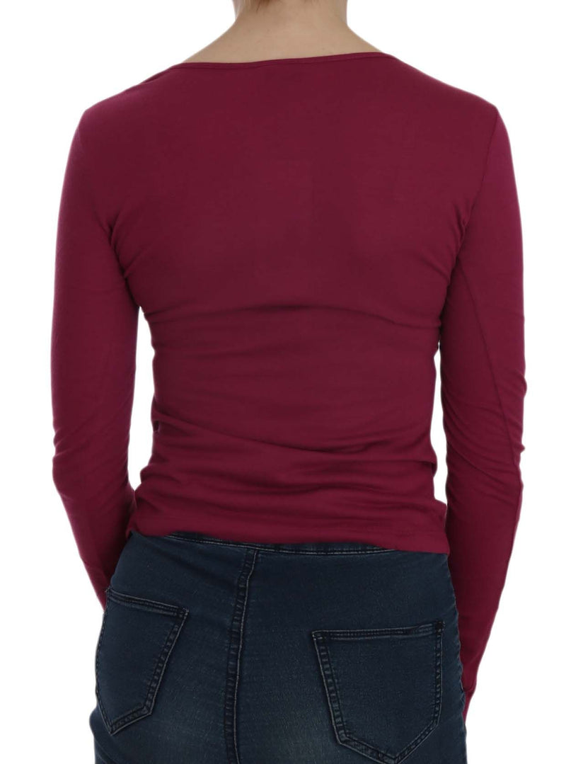 Back view of a maroon long-sleeve cotton casual top worn with dark blue jeans