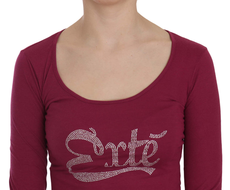Burgundy cotton long sleeve scoop neck top with crystal embellished logo on the chest