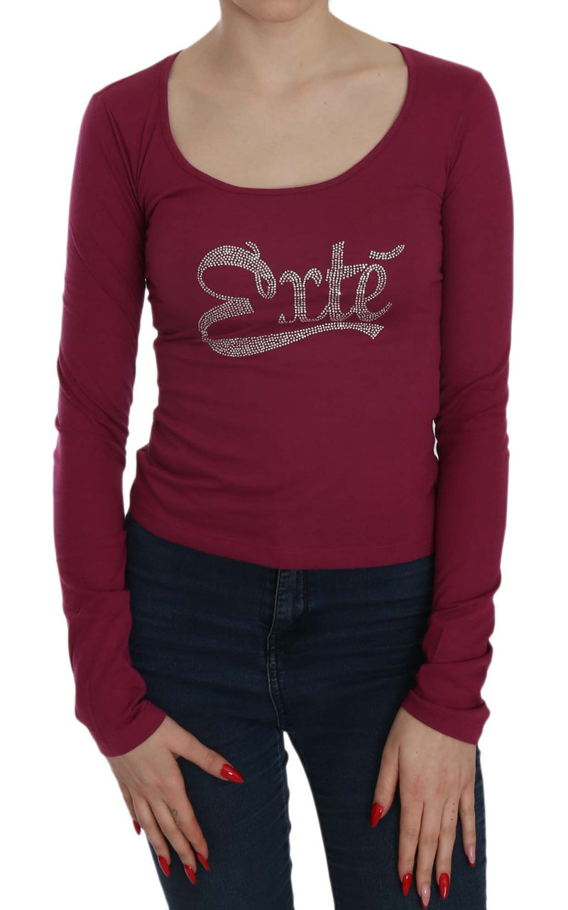 Burgundy long sleeve scoop neck cotton top with crystal embellished logo