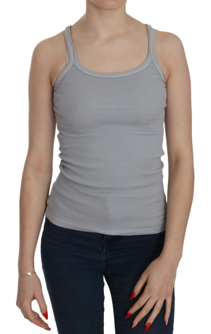 Light grey ribbed sleeveless tank top with scoop neck and spaghetti straps
