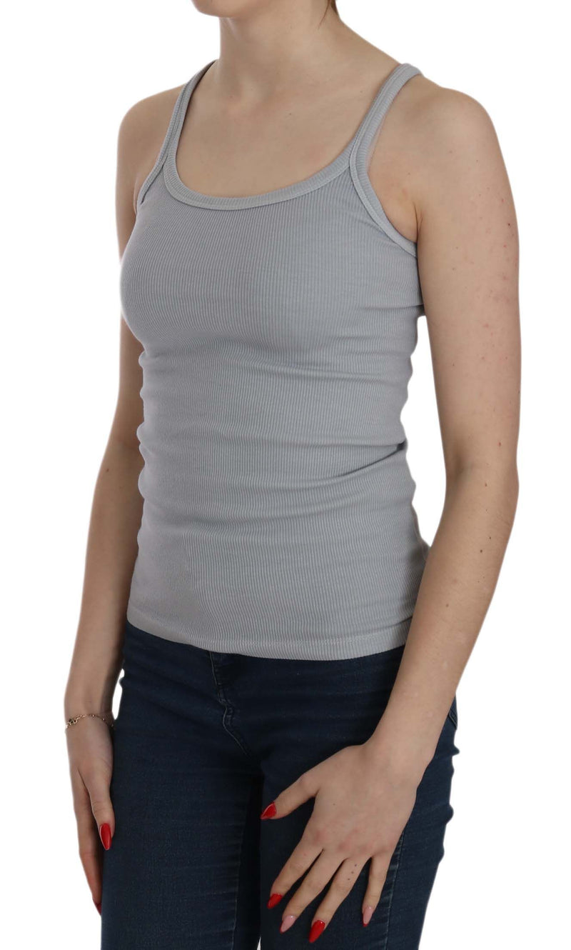 Light grey ribbed cotton sleeveless tank top with scoop neckline