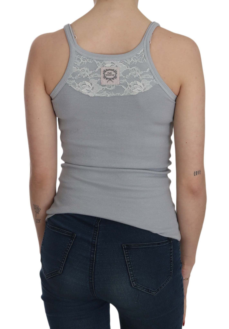 Light grey ribbed sleeveless spaghetti strap blouse with white lace back panel