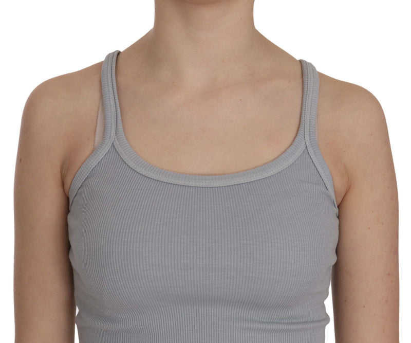 Light grey ribbed sleeveless tank top with scoop neckline and thin straps