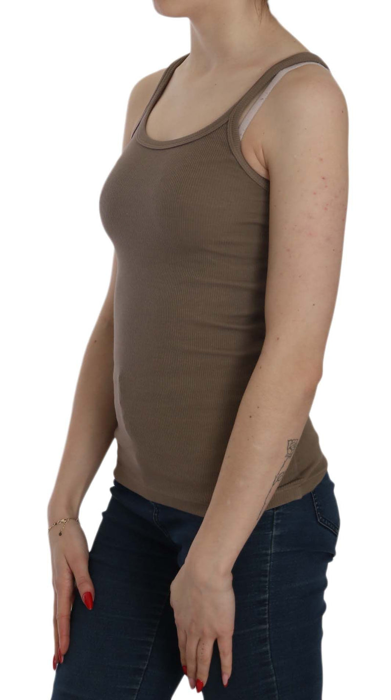 Brown ribbed cotton tank top with wide straps and a scoop neckline