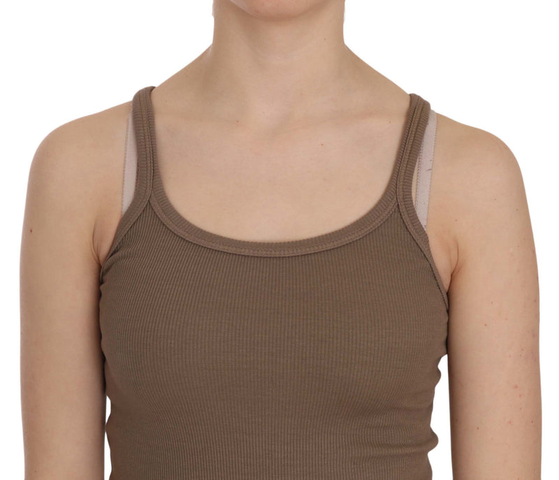Brown ribbed cotton sleeveless tank top with scoop neckline and thin straps