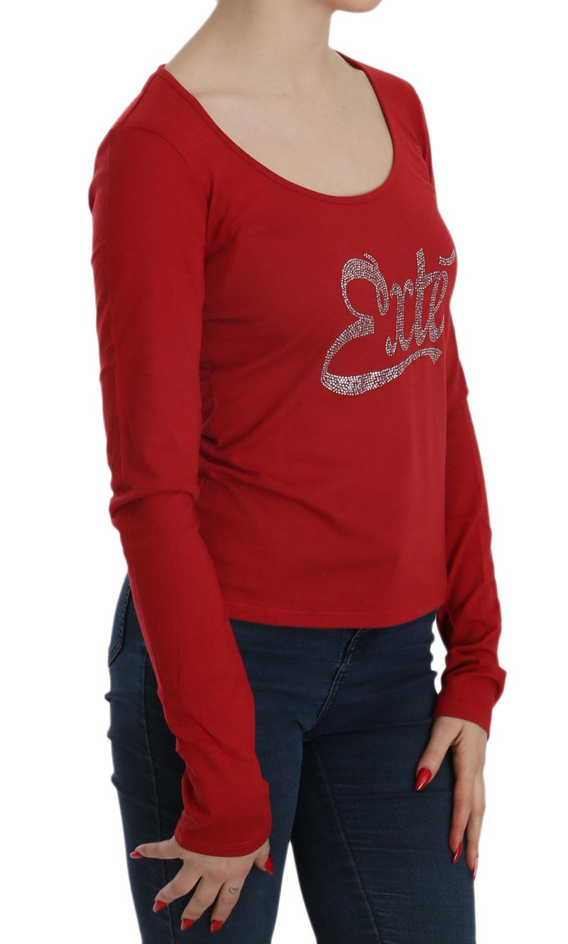 Red long sleeve scoop neck blouse with crystal embellishment on the front