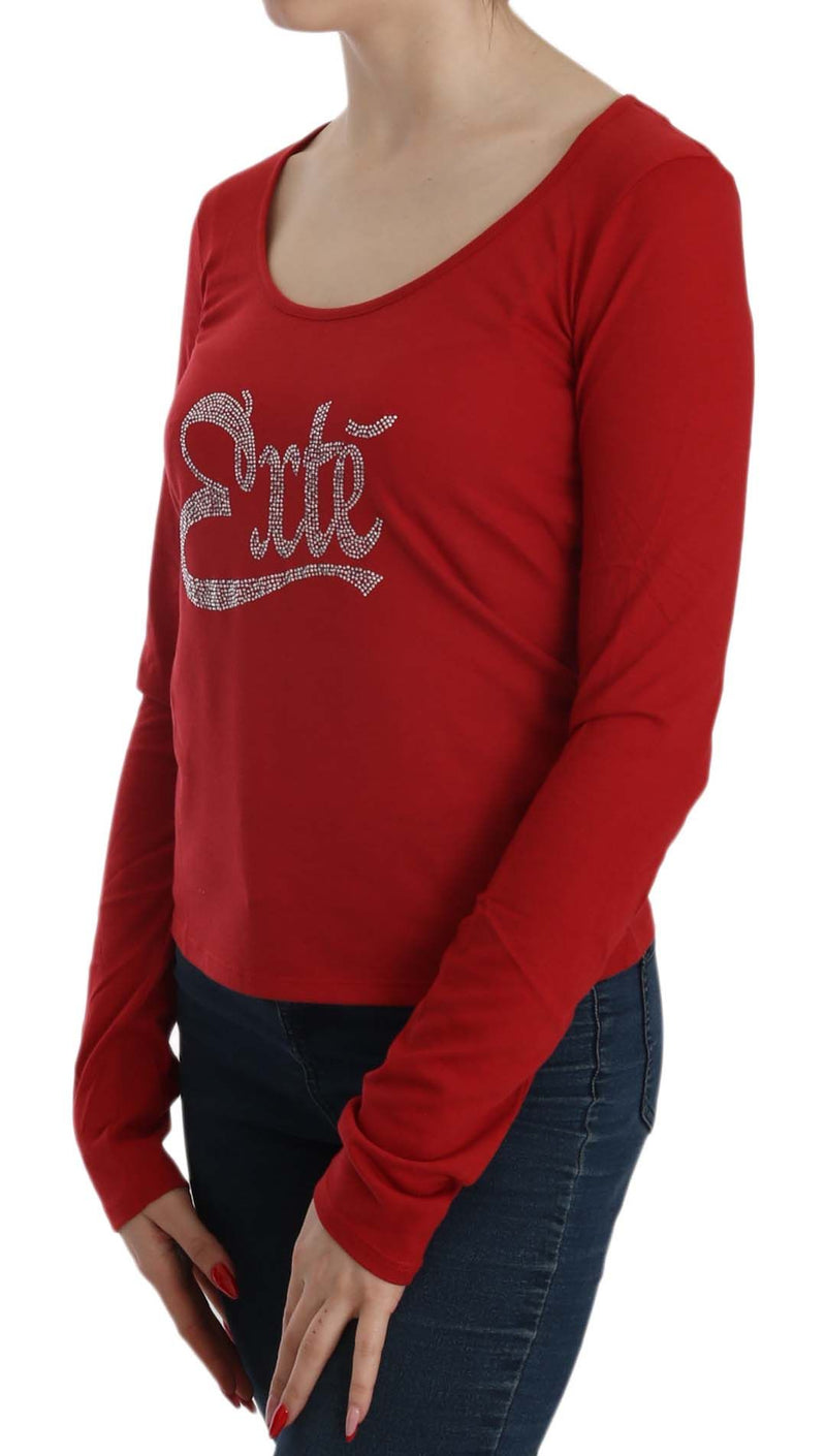 Red long sleeve scoop neck blouse with crystal embellished script logo on the front