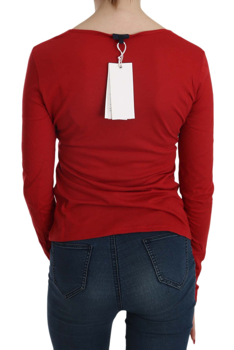 Red long sleeve blouse viewed from the back with a product tag attached at the neckline