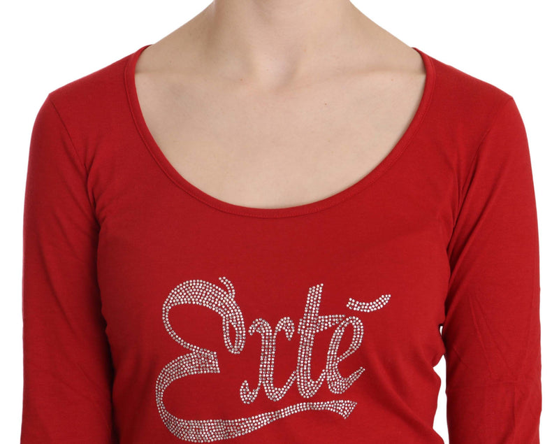 Red long-sleeve scoop neck blouse with sparkling crystal Exte logo