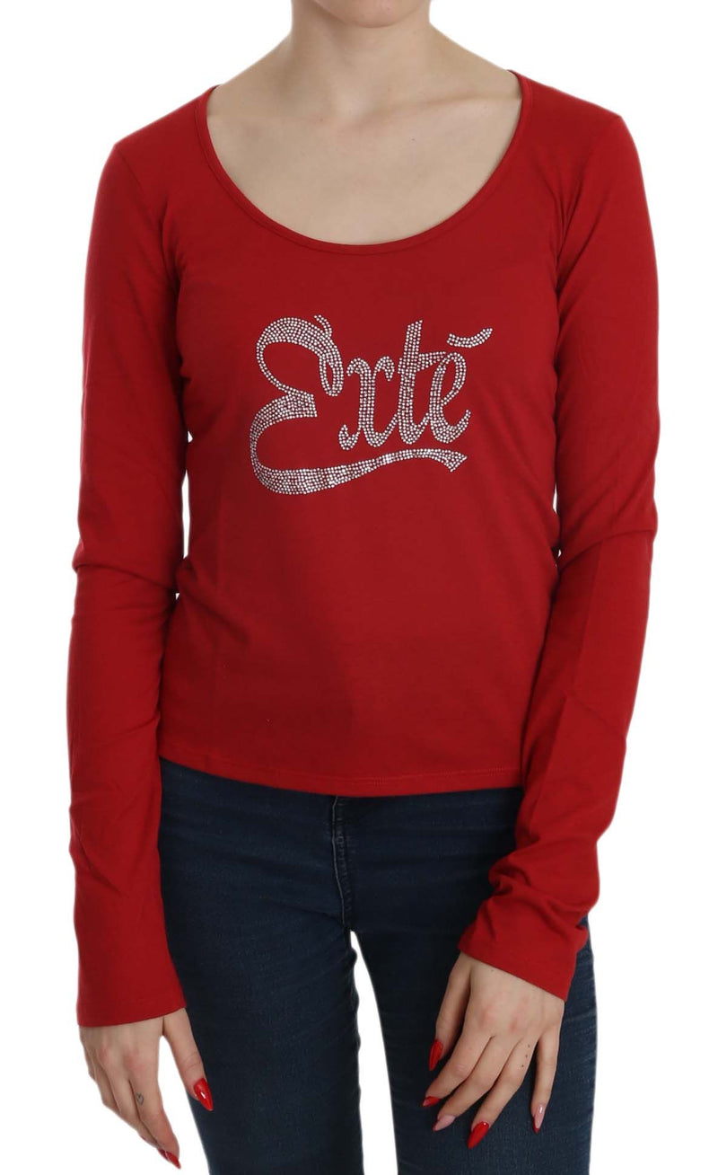 Red long-sleeve cotton blouse with a scoop neck and sparkling crystal logo on the front