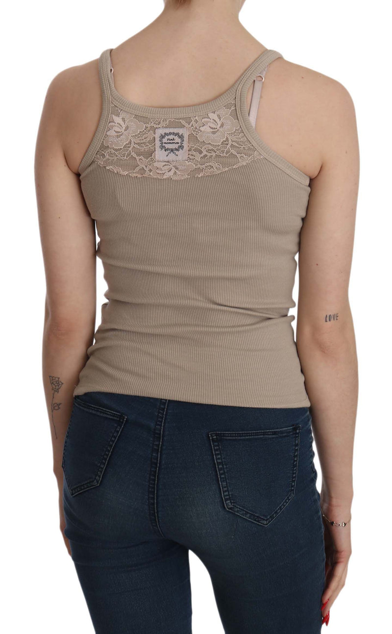 Brown ribbed spaghetti strap tank top with lace trim on the back