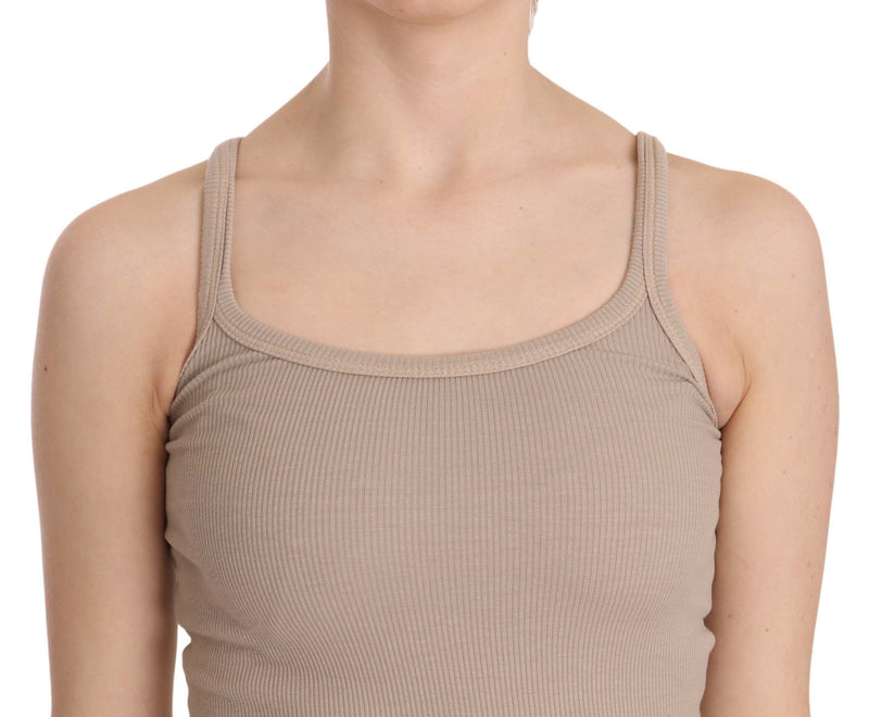Brown ribbed knit sleeveless spaghetti strap tank top with a scoop neckline