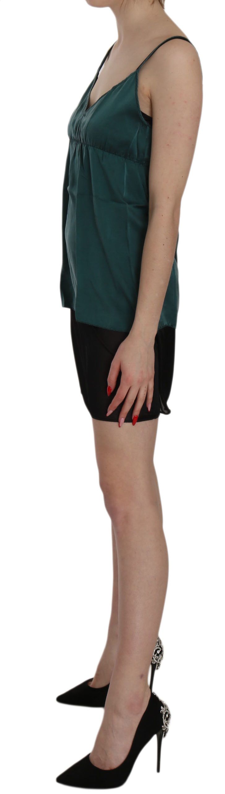 Green silk spaghetti strap shift mini dress