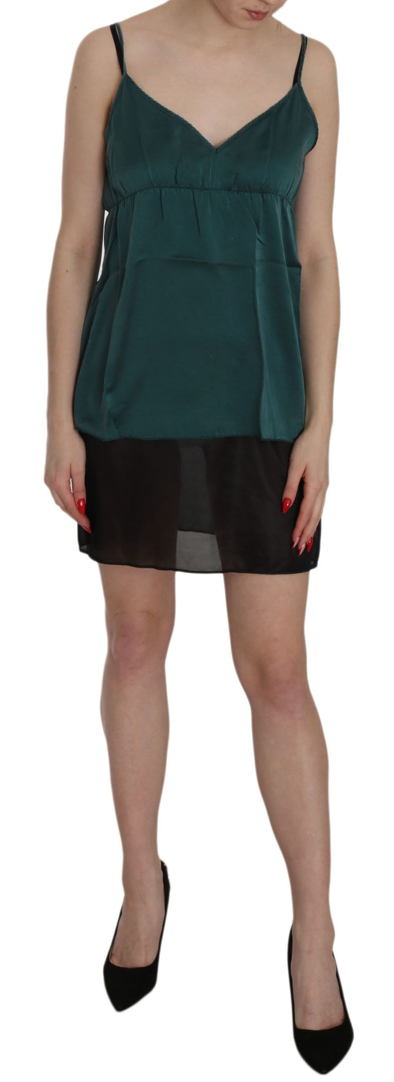 Dark green silk spaghetti strap shift mini dress with a sheer black hem