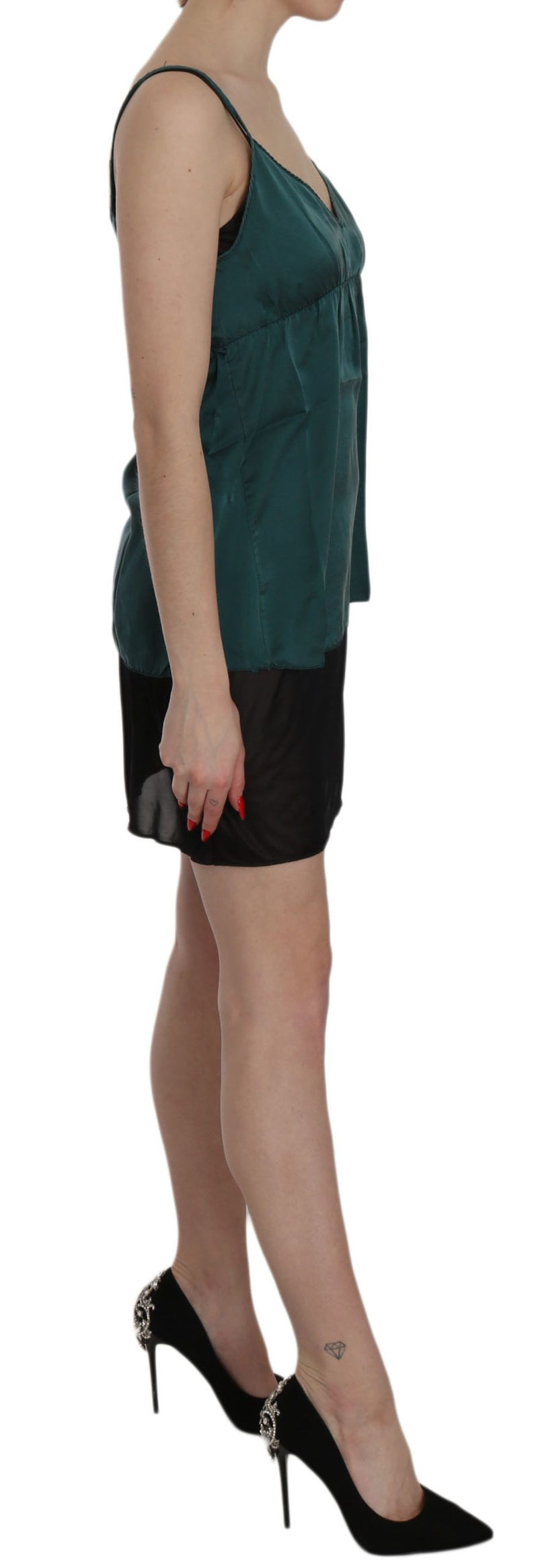 Green silk spaghetti strap shift mini dress with a black hem