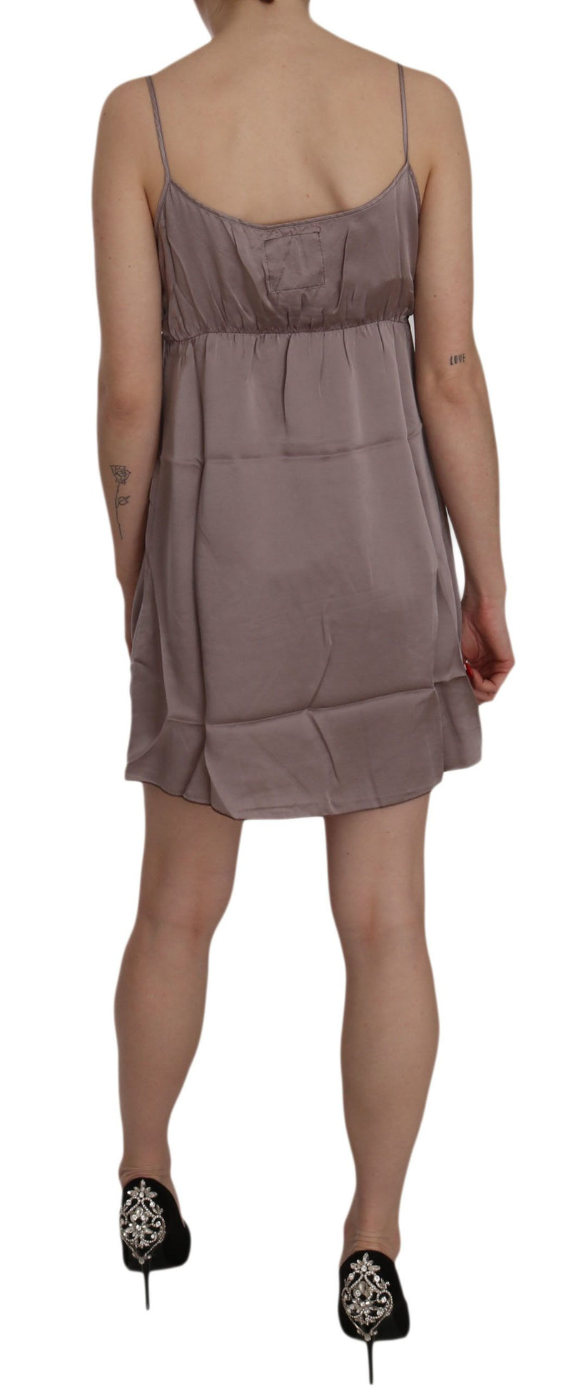 Purple silk spaghetti strap mini dress in A-line style