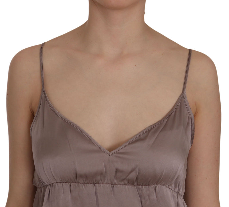 Purple silk spaghetti strap mini dress with a V-neckline