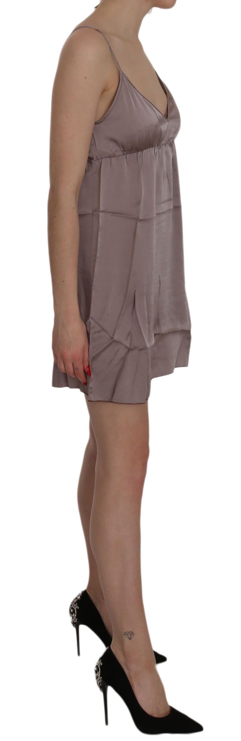 Purple silk spaghetti strap mini A-line dress worn by a model