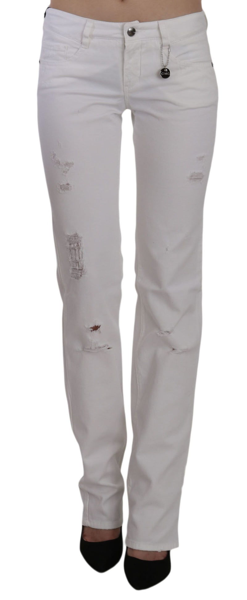 White cotton slim fit straight distressed jeans pants worn on a person