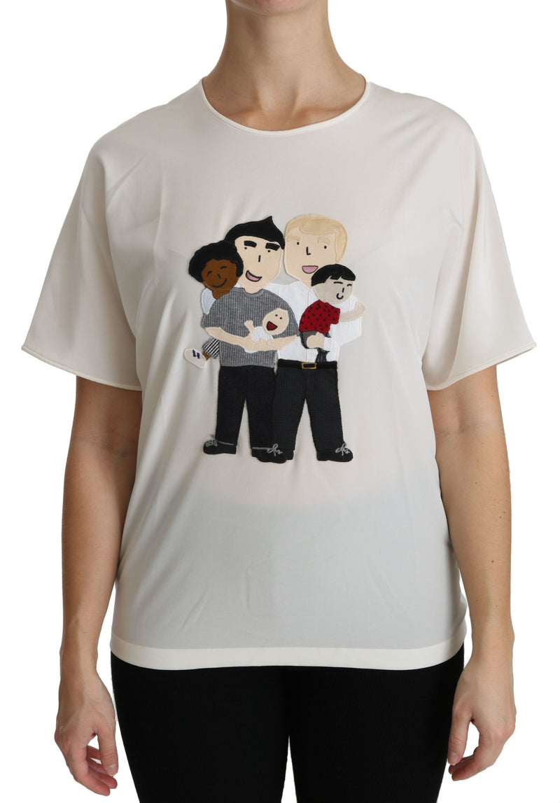 White short sleeve silk blouse featuring a colorful cartoon family patch on the front