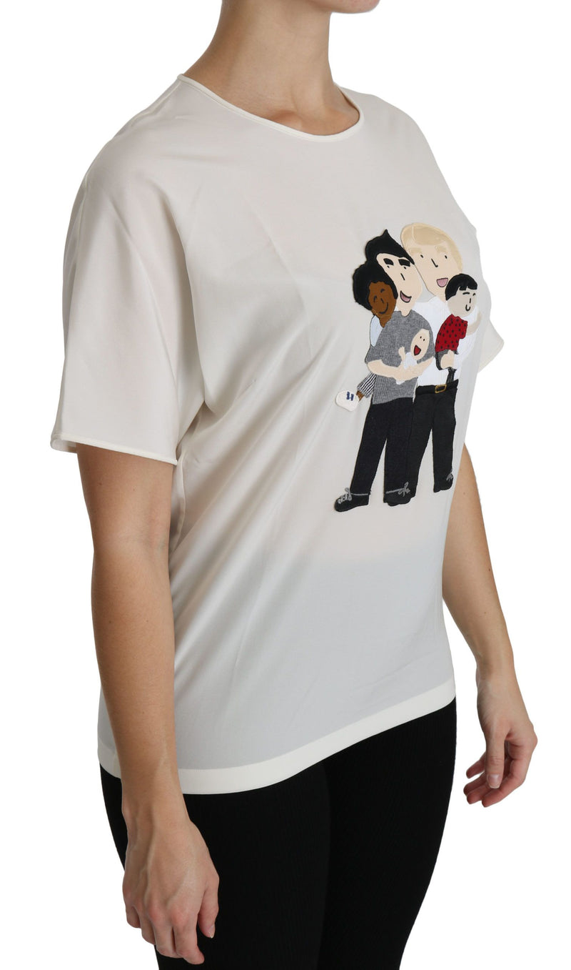 White silk short sleeve blouse with colorful family applique patch on the front