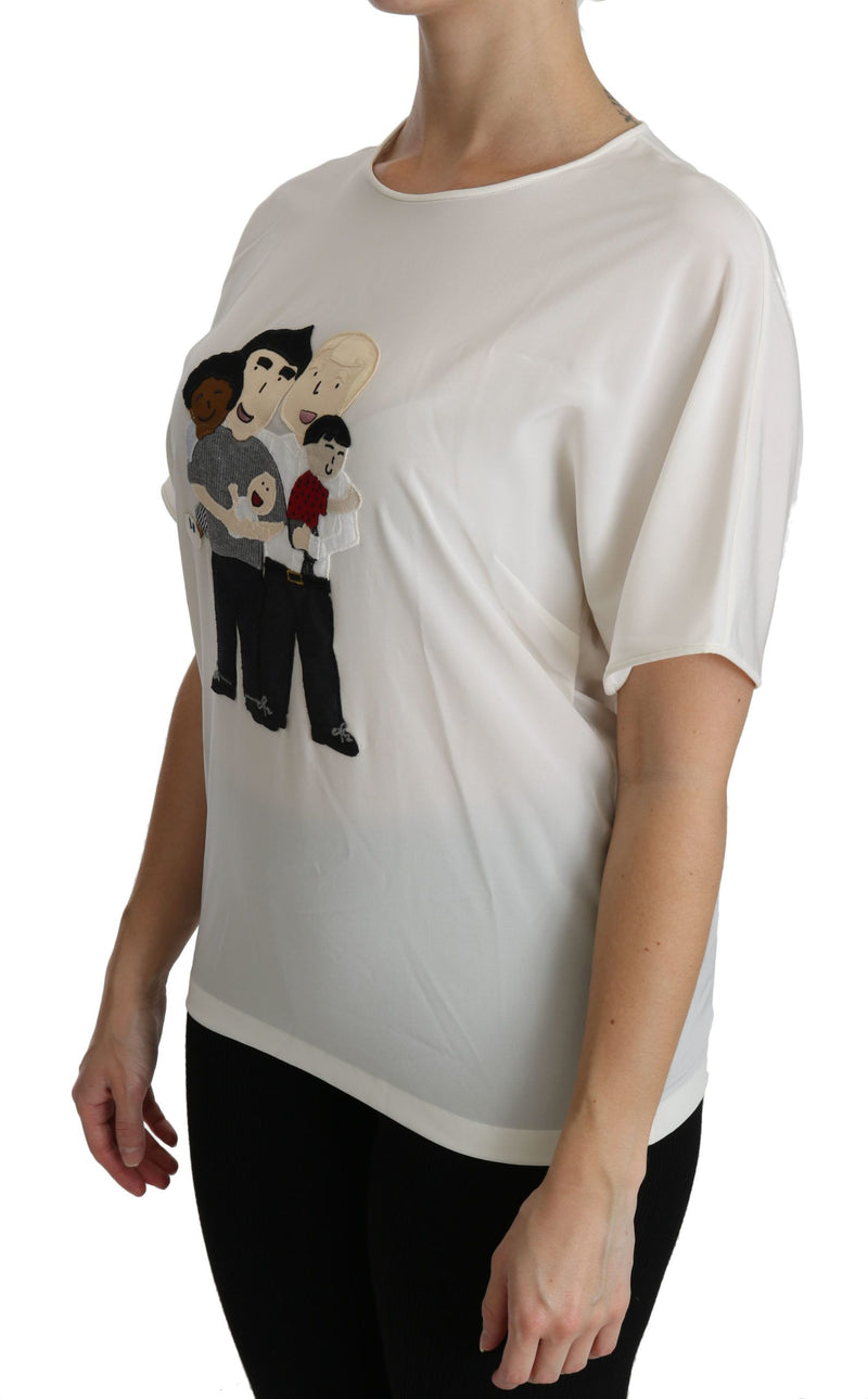 White short sleeve silk blouse with a family cartoon patch on the front