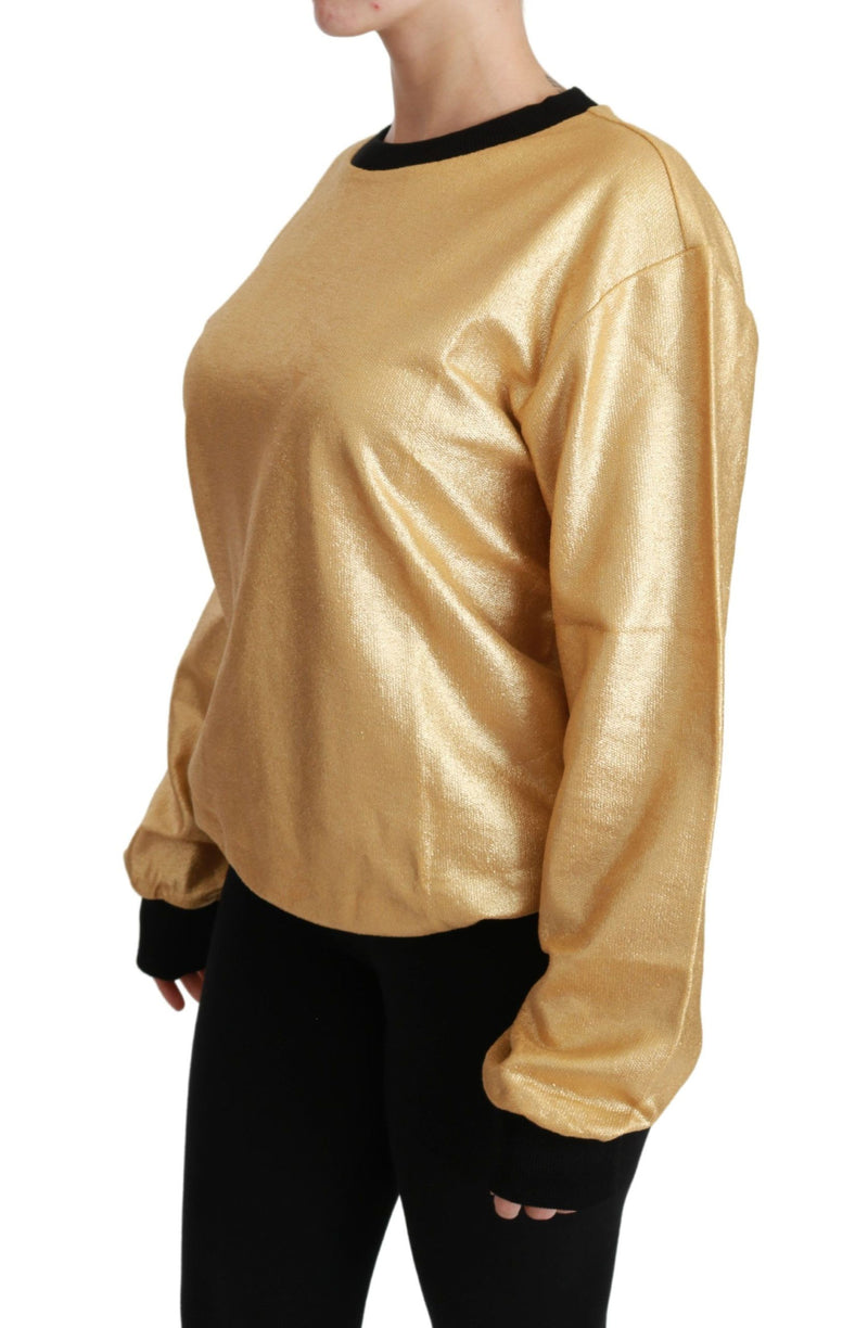 Gold cotton crewneck pullover sweater with contrasting black trim worn on mannequin