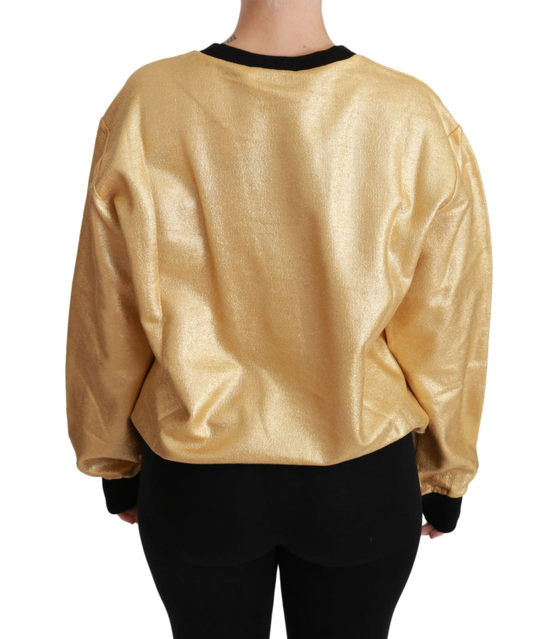 Gold metallic cotton crewneck pullover sweater with black trim