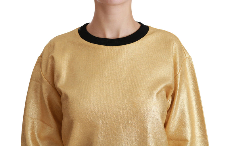 Gold metallic cotton crewneck pullover sweater with a black collar